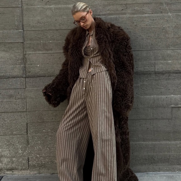 Helsa Pinstripe Poplin Fitted Shirt in Brown & Cream Stripe Size Small - Picture 9 of 9